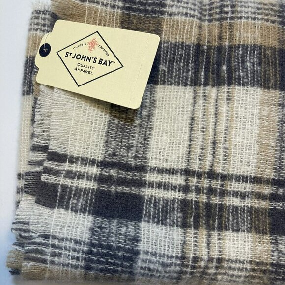 St. John's Bay NWT Lauren Plaid Gray Creme Tan Scarf Soft Brushed Shawl … - Picture 2 of 9